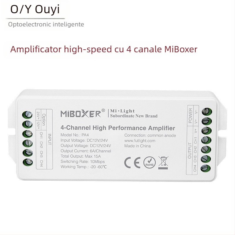 Amplificator/controler RGBW pentru iluminat LED OY-PA4, 12–24V, control RF, IP68, rază până la 30 m, interfață cu borne