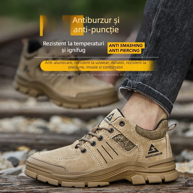 Pantofi de protecție cu talpă joasă, vârf din oțel, partea superioară din suede, anti-șoc, anti-perforație, rezistenți la căldură