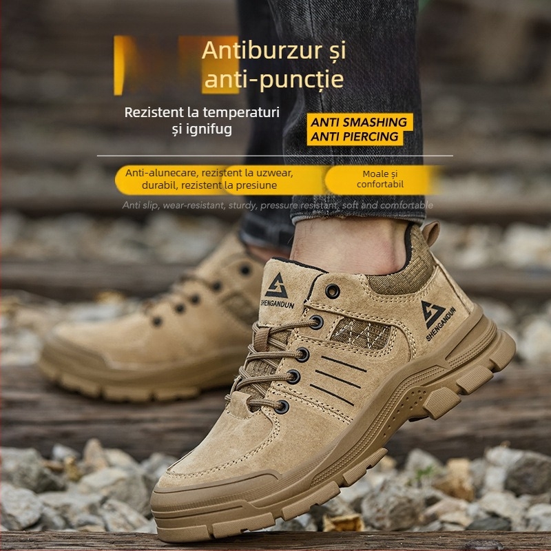 Pantofi de protecție cu talpă joasă, vârf din oțel, partea superioară din suede, anti-șoc, anti-perforație, rezistenți la căldură