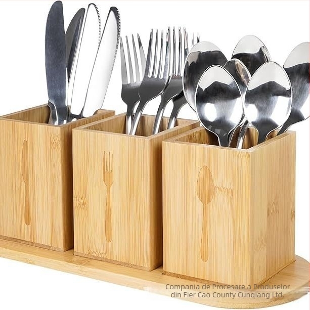 Box de depozitare tacâmuri din lemn masiv – spațiu pentru bețișoare, linguri, cuțite și furci, 1L capacitate, model L5-14, personalizabil cu logo