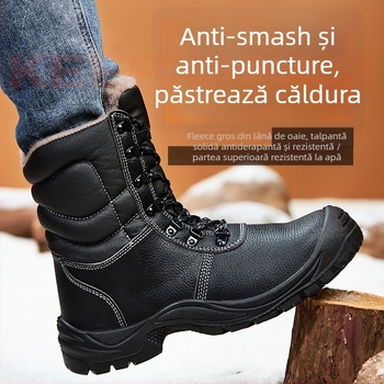 Ghete de iarnă pentru bărbați, înalte, din piele cu relief + talpă PU, partea superioară înaltă, rezistente la lovituri și perforări, construcție de înaltă densitate