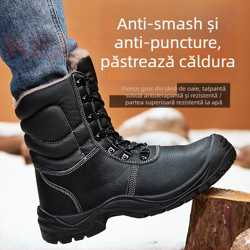 Ghete de iarnă pentru bărbați, înalte, din piele cu relief + talpă PU, partea superioară înaltă, rezistente la lovituri și perforări, construcție de înaltă densitate