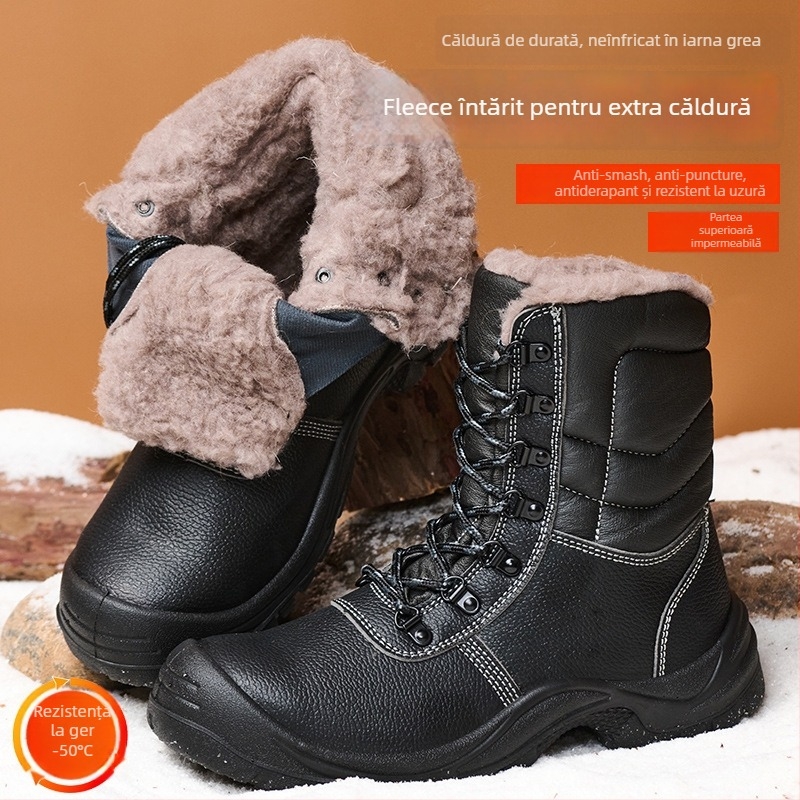 Ghete de iarnă pentru bărbați, înalte, din piele cu relief + talpă PU, partea superioară înaltă, rezistente la lovituri și perforări, construcție de înaltă densitate