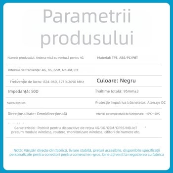 Antena cu ventuză mică pentru GSM/3G/4G LTE, câștig 3 dBi, benzi 824-960/1710-2690 MHz, pentru GPRS DTU Smart Meter