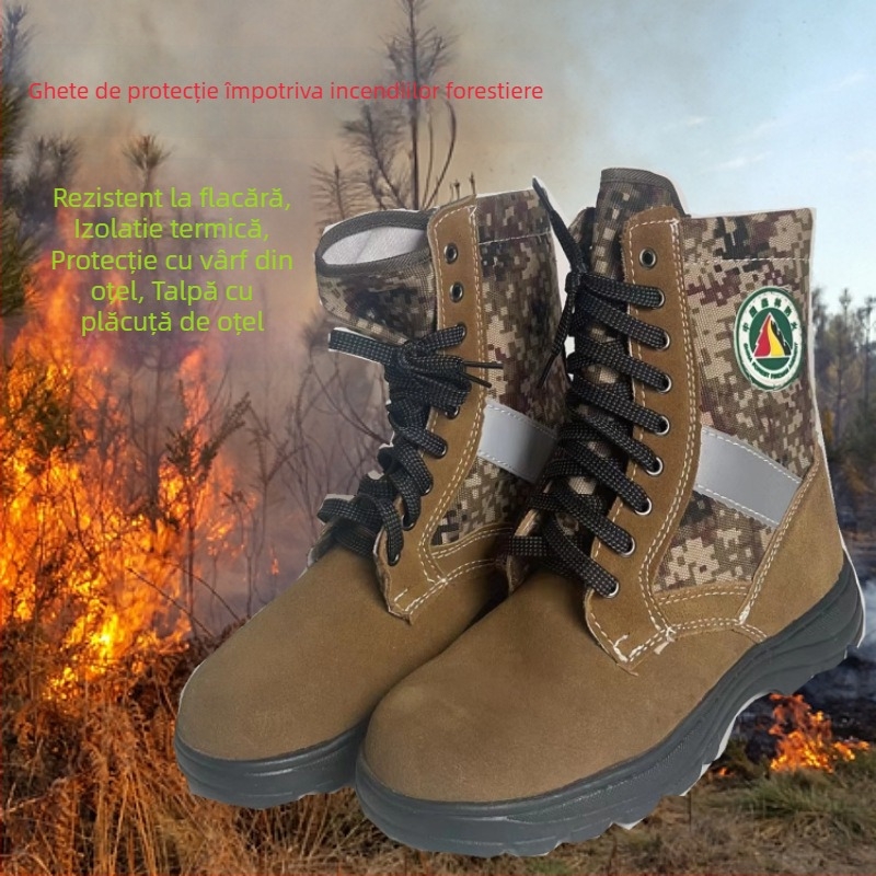 Ghete de intervenție pentru incendii forestiere, rezistente la foc, anti-perforație, anti-șoc, rezistente la temperaturi mari; Material: țesătură tricotată; Partea superioară: înălime medie; Vârf: vârf din oțel