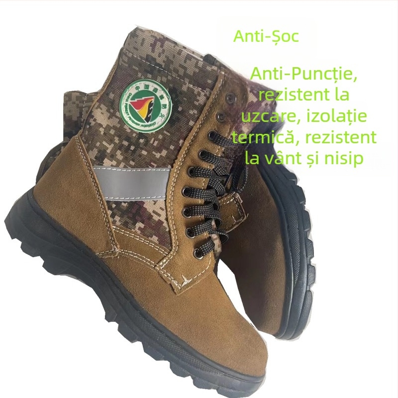 Ghete de intervenție pentru incendii forestiere, rezistente la foc, anti-perforație, anti-șoc, rezistente la temperaturi mari; Material: țesătură tricotată; Partea superioară: înălime medie; Vârf: vârf din oțel