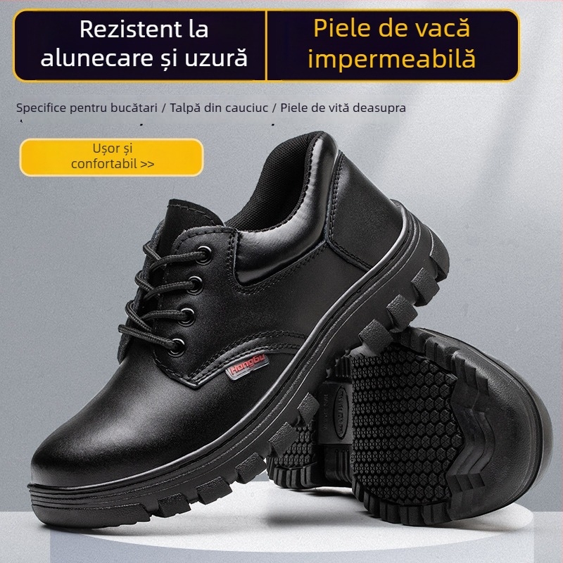 Honggu Pantofi de lucru din piele naturală cu densitate mare, antiaderanți, cu talpă din cauciuc rezistent la uzură, rezistenți la uleiuri și la acizi/alcalii, protecție la impact, pentru șantiere, mine, oțel, topire și industrie chimică