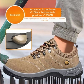 Încălțăminte de protecție ușoară pentru muncă, din piele microfibră și pânză, vârf rotund, design jos, rezistente la uzură, protecție împotriva loviturilor și perforării
