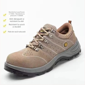 Încălțăminte de protecție ușoară pentru muncă, din piele microfibră și pânză, vârf rotund, design jos, rezistente la uzură, protecție împotriva loviturilor și perforării