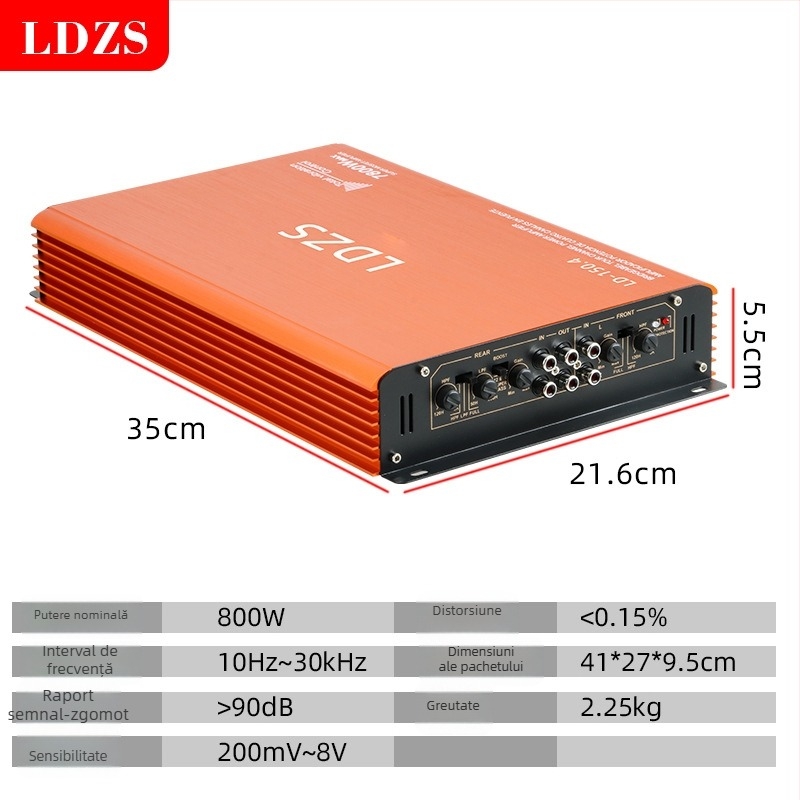 LD-150.4 Amplificator auto cu patru canale, 100W pe canal, Intrare 12V, Impedanță 4Ω, Gama de frecvențe 10 Hz-30 kHz