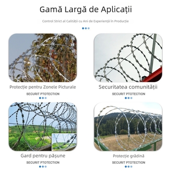 Sârmă ghimpată galvanizată cu lame în spirală dublă, pentru protecție anti-furt și anti-cățărare; răsucire dublă, sens stâng, rezistență la tracțiune 500