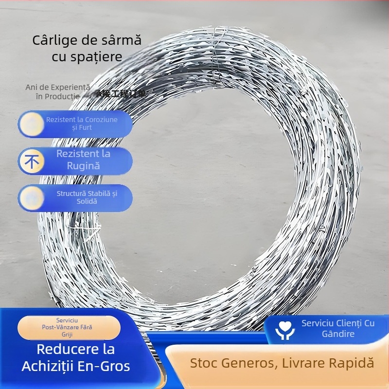 Sârmă ghimpată galvanizată cu lame în spirală dublă, pentru protecție anti-furt și anti-cățărare; răsucire dublă, sens stâng, rezistență la tracțiune 500