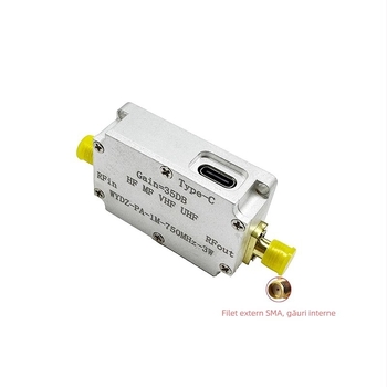 Amplificator RF de semnal cu zgomot redus, bandă 0.05-4 GHz, factor de zgomot 0.6 dB, GPS Beidou compatibil