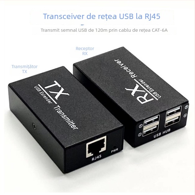 Extender USB 200 m – hub RJ45 cu 4 porturi pentru tastatură, mouse, cameră, imprimantă și monitorizare