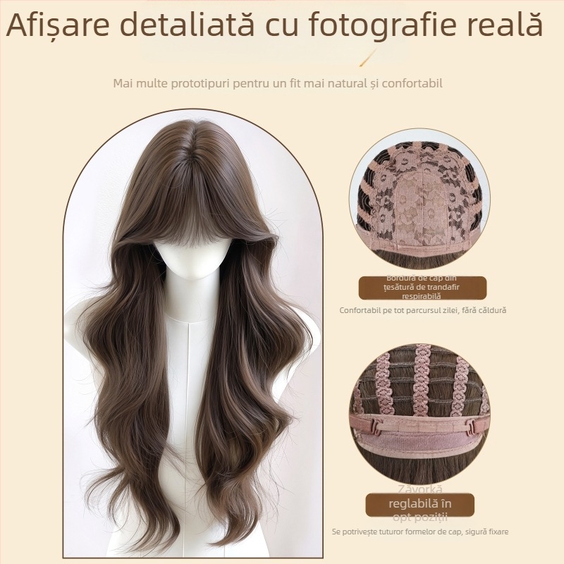 Perucă pentru femei — acoperire completă a scalpului, mătase mată rezistentă la temperaturi înalte, bucle lungi și buclate, breton frontal fără cusături, aspect natural, nu poate fi vopsită sau îndreptată