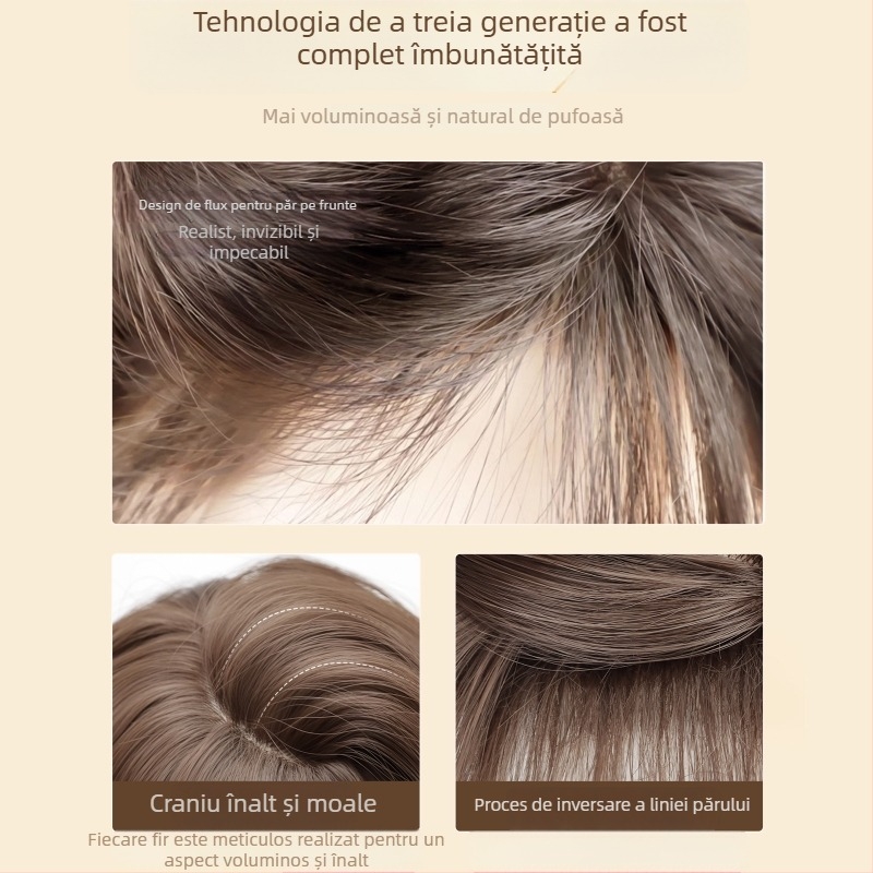Perucă pentru femei — acoperire completă a scalpului, mătase mată rezistentă la temperaturi înalte, bucle lungi și buclate, breton frontal fără cusături, aspect natural, nu poate fi vopsită sau îndreptată