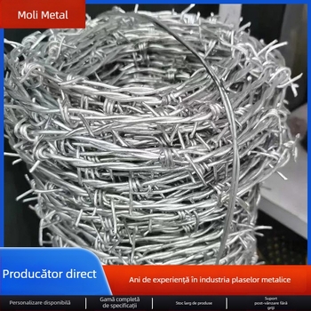 Sârmă ghimpată din oțel galvanizat cu carbon scăzut, diametru 1–3 mm, structură dublu răsucire (multistrand), sens de înfășurare: dreapta, rezistență la tracțiune 500–1200 MPa