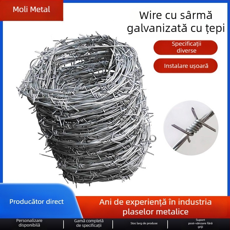 Sârmă ghimpată din oțel galvanizat cu carbon scăzut, diametru 1–3 mm, structură dublu răsucire (multistrand), sens de înfășurare: dreapta, rezistență la tracțiune 500–1200 MPa