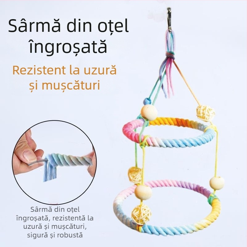 Cuier pentru papagal din sfoară de bumbac, rotativ, cu suport și leagăn