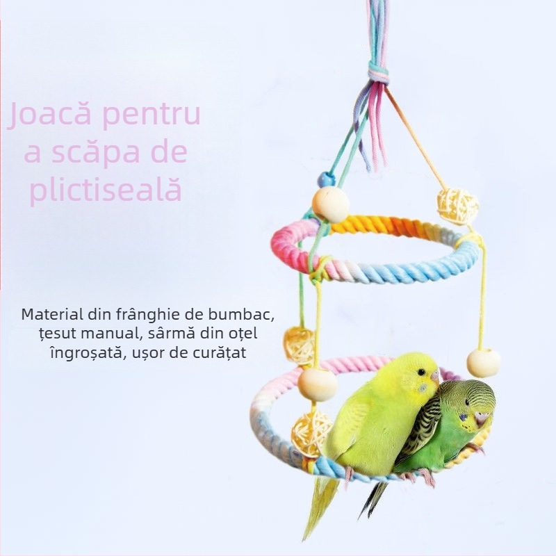 Cuier pentru papagal din sfoară de bumbac, rotativ, cu suport și leagăn