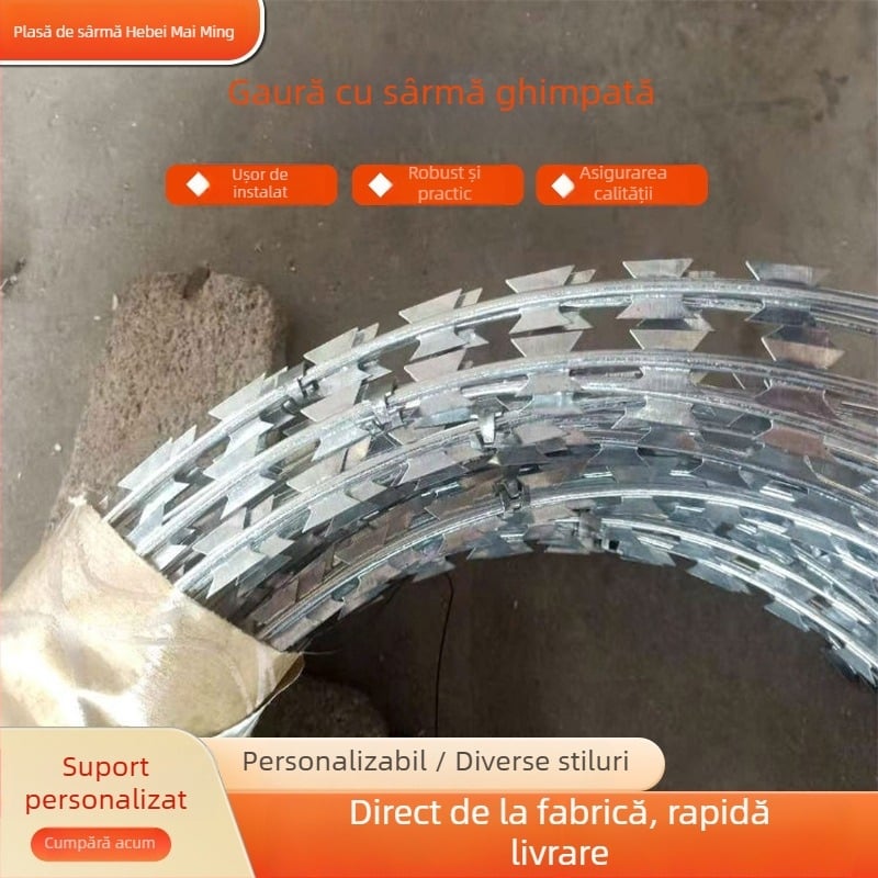 Gardă din sârmă ghimată Razor – Înfășurare dublă; sens de înfășurare drept; aranjament în stil occidental; Material: oțel cu conținut scăzut de carbon; Utilizare: anti-furt anti-cățărare