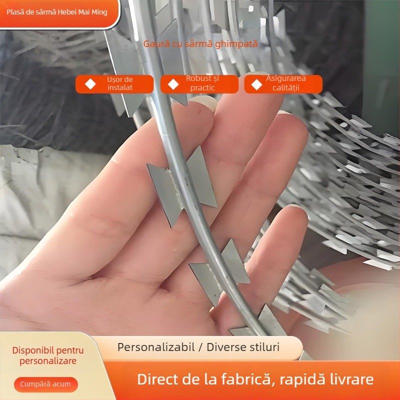 Gardă din sârmă ghimată Razor – Înfășurare dublă; sens de înfășurare drept; aranjament în stil occidental; Material: oțel cu conținut scăzut de carbon; Utilizare: anti-furt anti-cățărare