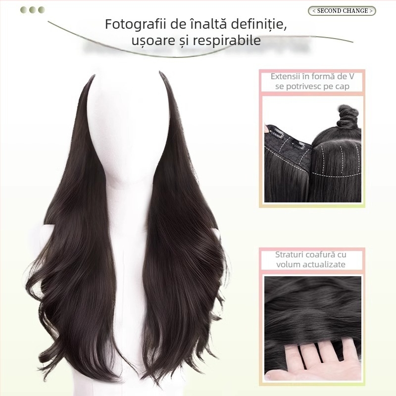 Piesă de păr pentru femei — bucle lungi, extensie fără cusături, cu formă U pentru volum, cu valuri mari, sârmă rezistentă la temperatură, model: micro rulă înaltă