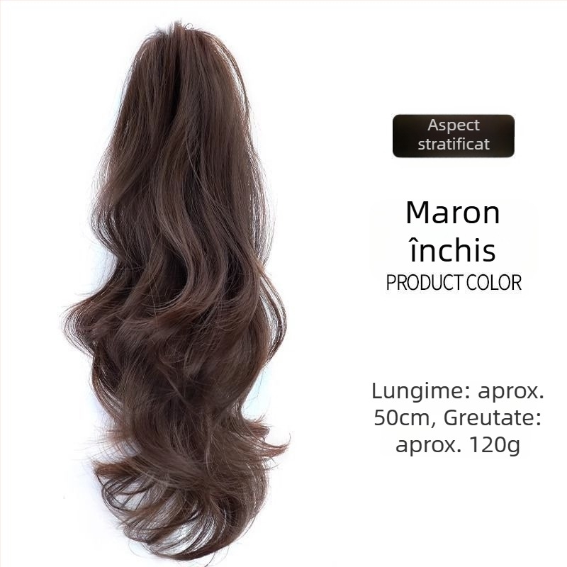 Perucă buclată lungă, cu clips pentru coadă înaltă, aspect natural, textură mată de mătase, țesut mecanic