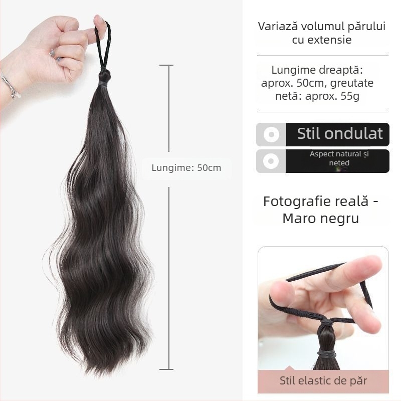 Perucă buclată lungă, cu clips pentru coadă înaltă, aspect natural, textură mată de mătase, țesut mecanic