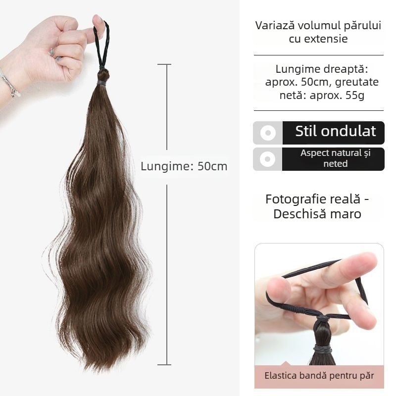 Perucă buclată lungă, cu clips pentru coadă înaltă, aspect natural, textură mată de mătase, țesut mecanic