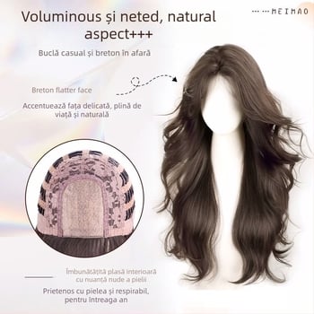 Perucă lungă cu bucle, bandă pentru cap, aspect natural, croită manual, fibre rezistente la temperaturi înalte, breton despărțit la centru