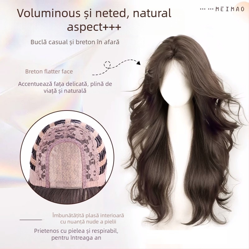 Perucă lungă cu bucle, bandă pentru cap, aspect natural, croită manual, fibre rezistente la temperaturi înalte, breton despărțit la centru
