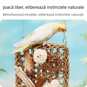 Jucărie pentru papagali – Plasă de cățărare cu minge din ratan natural, design pentru mestecat și relaxare pentru păsările de companie