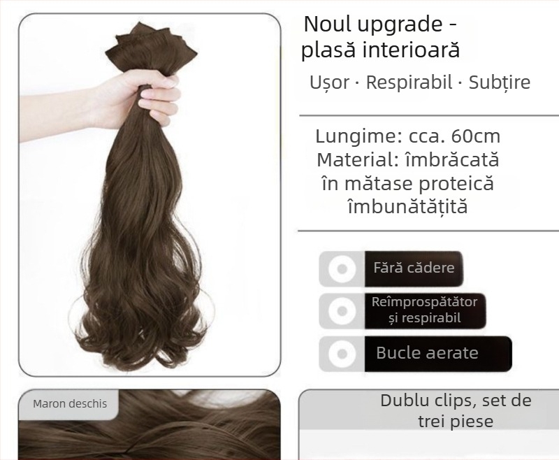 Perucă din trei părți cu valuri mari pentru volum, fibre sintetice rezistente la temperatură, atașare segmentată invizibilă, extensie de păr cu volum, potrivită pentru toate tonurile pielii, nu se vopsește și nu se poate face perm