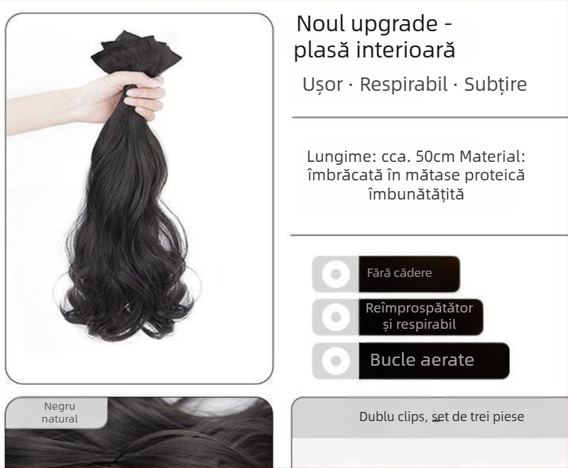 Perucă din trei părți cu valuri mari pentru volum, fibre sintetice rezistente la temperatură, atașare segmentată invizibilă, extensie de păr cu volum, potrivită pentru toate tonurile pielii, nu se vopsește și nu se poate face perm