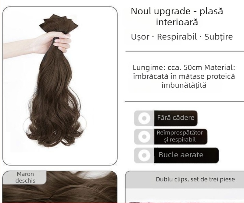 Perucă din trei părți cu valuri mari pentru volum, fibre sintetice rezistente la temperatură, atașare segmentată invizibilă, extensie de păr cu volum, potrivită pentru toate tonurile pielii, nu se vopsește și nu se poate face perm