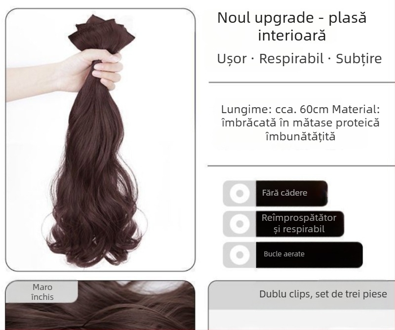 Perucă din trei părți cu valuri mari pentru volum, fibre sintetice rezistente la temperatură, atașare segmentată invizibilă, extensie de păr cu volum, potrivită pentru toate tonurile pielii, nu se vopsește și nu se poate face perm