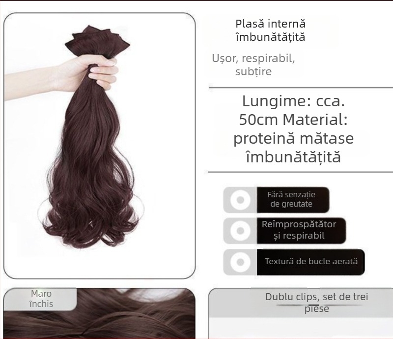 Perucă din trei părți cu valuri mari pentru volum, fibre sintetice rezistente la temperatură, atașare segmentată invizibilă, extensie de păr cu volum, potrivită pentru toate tonurile pielii, nu se vopsește și nu se poate face perm