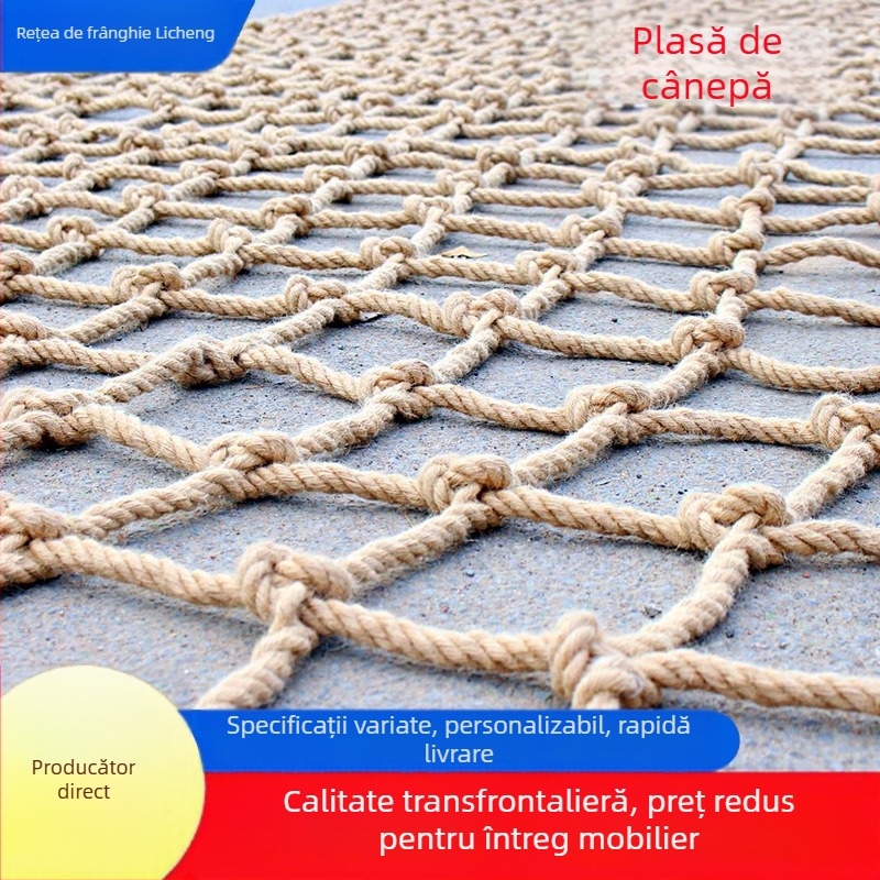 Plasă decorativă din cânepă pentru tavan și balustradă, încărcare 100 kg, grosimi de sfoară 3–20 mm și ochiuri de 4–15 cm, potrivită pentru decorare, tavan și balustrade.