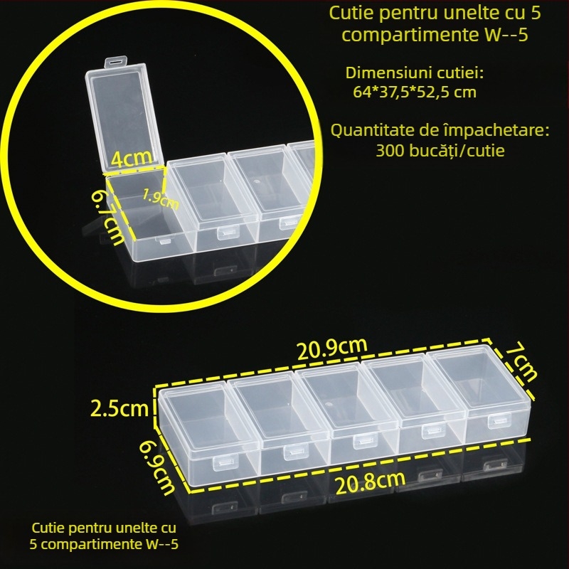 Cutie de depozitare pentru birou, cu capac și compartimente, din polipropilenă transparentă, potrivită pentru bijuterii, papetărie și cosmetică