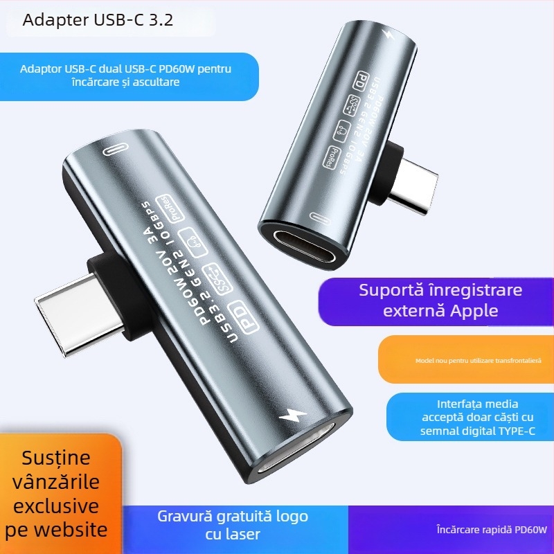Adaptor Type-C AC04, 2-in-1, transfer USB 3.2 de date, încărcare PD 60W rapidă, compatibil cu Apple, Xiaomi, Huawei, Samsung, Google, Sony