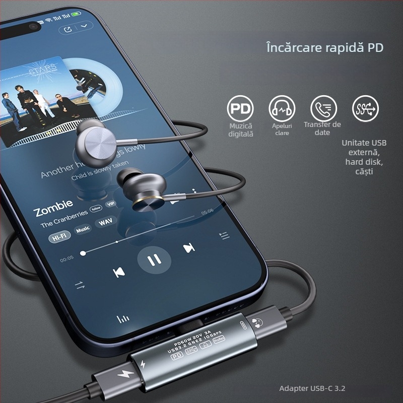Adaptor Type-C AC04, 2-in-1, transfer USB 3.2 de date, încărcare PD 60W rapidă, compatibil cu Apple, Xiaomi, Huawei, Samsung, Google, Sony