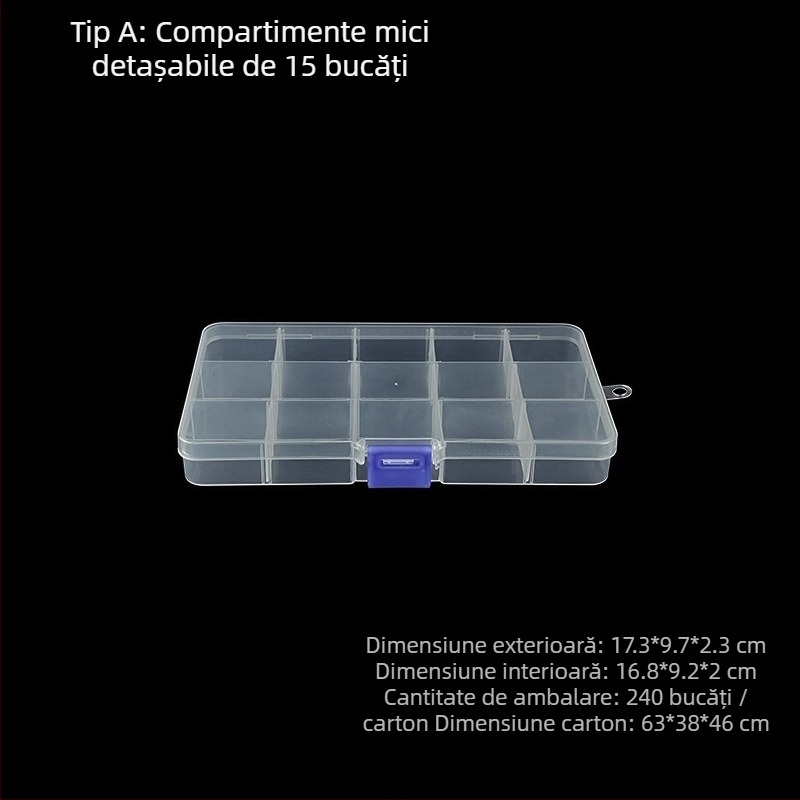 Cutie de depozitare din PP cu 15 compartimente, cu capac, pentru șuruburi și accesorii, formă dreptunghiulară
