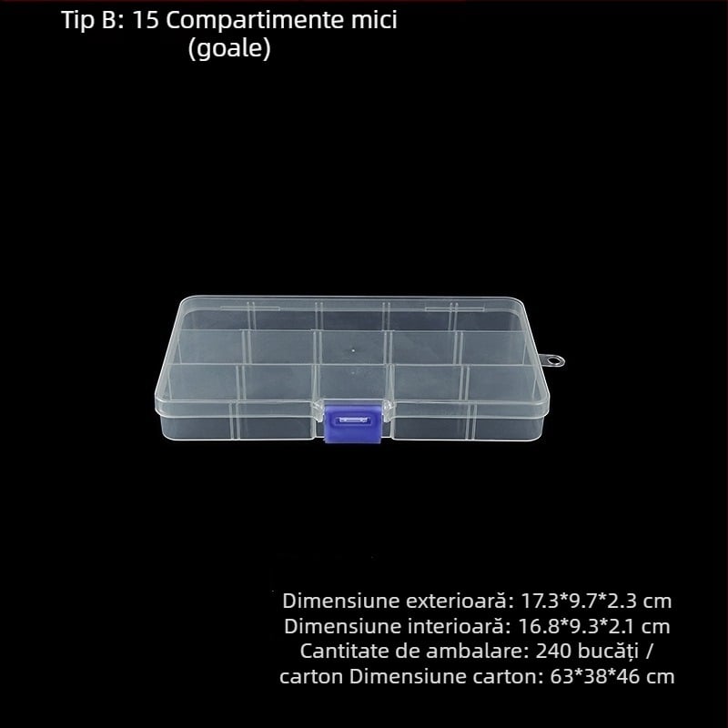 Cutie de depozitare din PP cu 15 compartimente, cu capac, pentru șuruburi și accesorii, formă dreptunghiulară