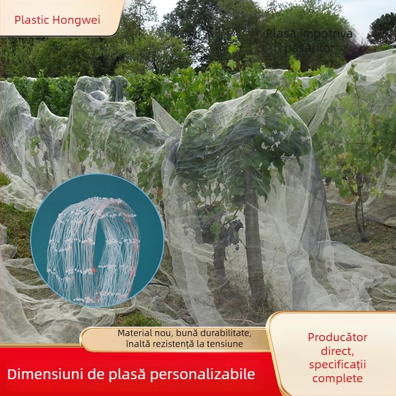 Plasă din nailon anti-păsări pentru livezi și iazuri de pește, plasă de protecție agricolă, ochiuri 2.0–2.5 mm, diametru fir 0.38 mm, durată de viață 5–6 ani