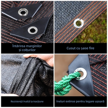 Plasă de umbrire pentru curte, rezistentă la temperaturi ridicate, îngroșată, pentru exterior, cu margine cusută și găuri pentru inele