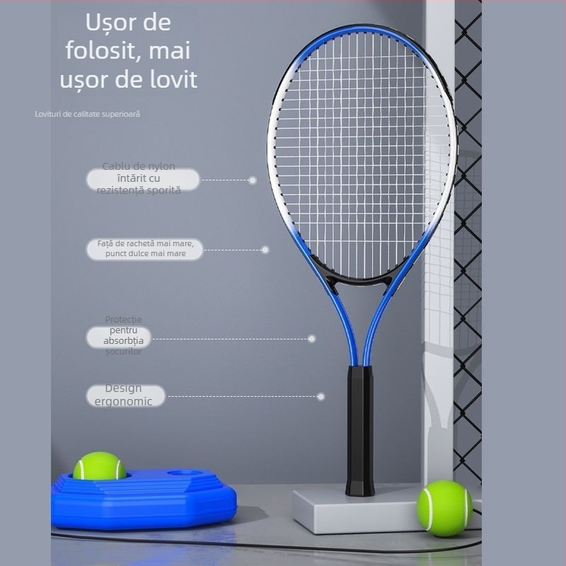 Rachetă de antrenament tenis pentru antrenament solo cu corzi de revenire, cadru din fibră de carbon, 95–100 g, extra tare, pentru copii