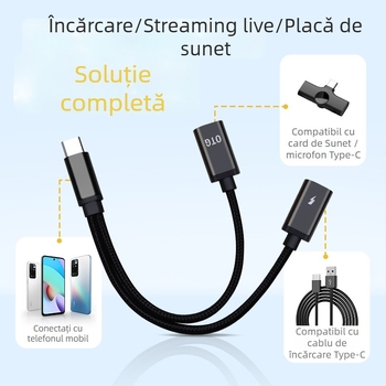 Adaptor OTG USB-C 2-in-1 pentru microfon Lavalier și căști – încărcare și interfață audio pentru dispozitive Android Type-C