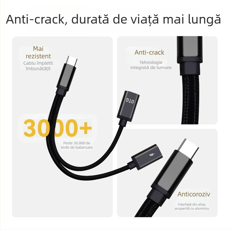 Adaptor OTG USB-C 2-in-1 pentru microfon Lavalier și căști – încărcare și interfață audio pentru dispozitive Android Type-C
