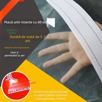 Plasă anti-insecte din polietilenă, 60-mesh, ochiuri 10–120 µm, diametru fir 0.2 mm, durată de viață 3–5 ani, pentru legume, pomi fructiferi și flori